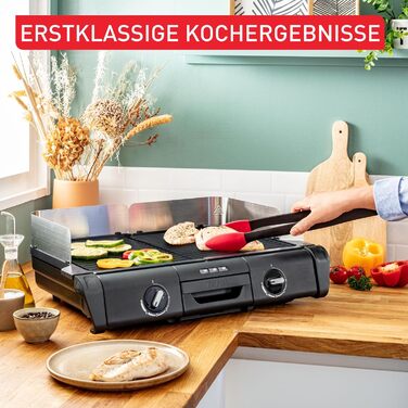 Електричний настільний гриль Tefal BBQ Family, 2 окремі зони з термостатами, антипригарні чавунно-алюмінієві пластини, підходять для посудомийки, глибокі жолобки, чорний/сріблястий, TG800N10