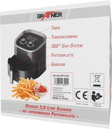 Фритюрниця Grafner XL 3,6 літра, 1200 Вт, система приготування 360, кошик для смаження з антипригарним покриттям, таймер на 30 хвилин, плавне регулювання температури до 200C, фритюрниця без жиру, фритюрниця без олії