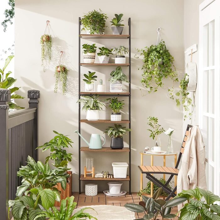 Полиця для книг, 6 полиць, полиця-драбина, місце для зберігання книг, декор, спальня, вітальня, офіс, 30 x 60 x 204,8 см, промисловий дизайн, вінтажний коричнево-чорний LLS103B01