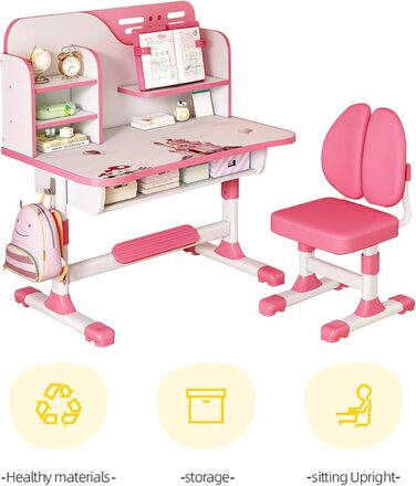 Комплекти дитячих стільців для роботи, регульована висота, ергономічний дизайн, дитячий стілець для роботи з великою письмовою дошкою та великою шухлядою, вбудована книжкова полиця для спальні, колір Рожева троянда