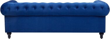 Місний диван Beliani, оксамит, синій, товсті подушки сидіння, підлокітники, ґудзикова обробка, стиль Честерфілд, 3-