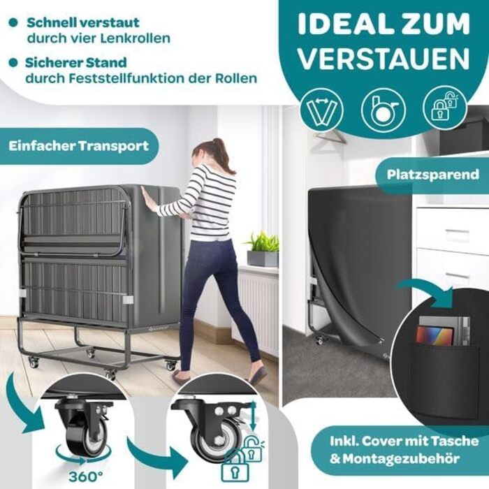 Розкладне ліжко KESSER 200x90 см, гостьове ліжко з матрацом з піни з ефектом пам&39яті та колесами Розкладне дорожнє ліжко з металевим каркасом для дорослих, вантажопідйомність до 250 кг Металеве ліжко з матрацом з піни та преміум-чохлом кольору антрацит