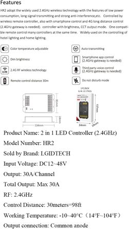 Контролер світла LGIDTECH HR2 Miboxer 2-в-1 зі світлодіодною стрічкою з максимальною вихідною потужністю 30 А, сумісний з одноколірною та подвійною білою світлодіодною стрічкою CCT, керування додатком для смартфона