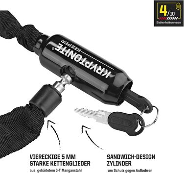 Інтегрований ланцюговий замок Kryptonite Keeper 585 - 85 см, клас безпеки 4/10, протиугінний велосипедний замок - зі сталевим ланцюгом 5 мм та 2 ключами - чорний, одинарний