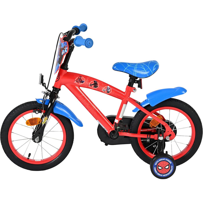 Дитячий велосипед Volare Spider-Man 14 дюймів 3,55 років Ручні та американські гальма, додаткові колеса, захист ланцюга, світловідбивачі Регульоване сідло Подарунок для хлопчиків та дівчаток