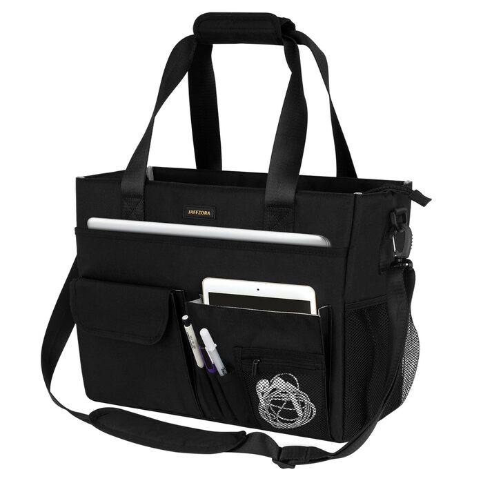 Жіноча сумка для вчителя, сумка для ноутбука з 15 кишенями, робоча сумка для медсестер, вчителів та лікарів, чорна XL (41 x 15 x 32 см)