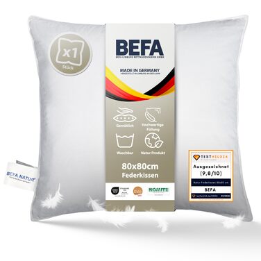 Пухова подушка BEFA NATUR 80x80 см Подушка зі 100 пуху Вага наповнювача 1500 г Підходить для алергіків (NOMITE) Сертифіковано як безпечне для тварин (DOWNPASS) Oeko-TEX Клас 1 Зроблено в Німеччині 80x80 см