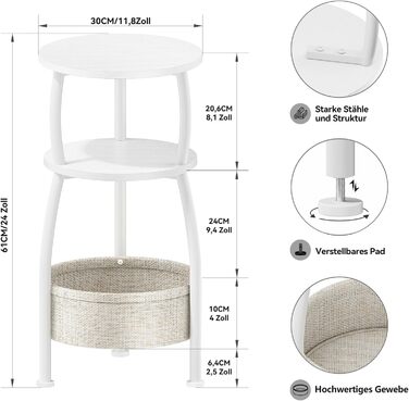 Круглий приставний столик, 3-ярусний круглий маленький столик, маленький журнальний столик, тумбочка біля ліжка, з тканинною кишенею, столик для вітальні, тканинний кошик, диванний столик для декору кімнати, дерево, метал, сучасний (білий)