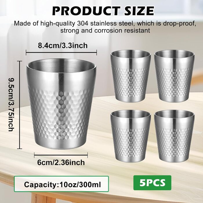 Набір чашок з нержавіючої сталі (5 предметів), штабельовані металеві чашки для пиття об&39ємом 300 мл з подвійними стінками, ударостійкі чарки, туристичні кухлі з молотковим візерунком, ізольовані чашки з нержавіючої сталі для пива, соку, води