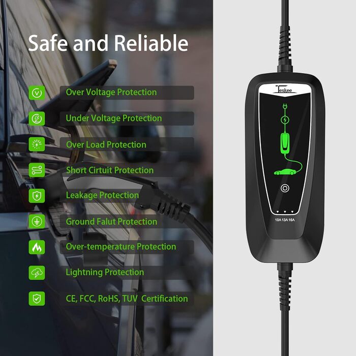 Портативний зарядний пристрій Teskee Type 2 з індикатором Кейс для перенесення для всіх електромобілів та гібридних автомобілів 3,