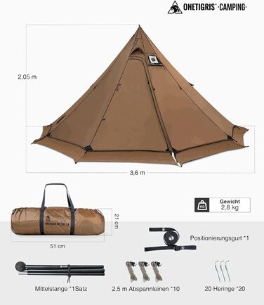 Намет OneTigris NORTHGAZE 2.0 Tipi для 2-4 осіб, кемпінговий намет на 4 сезони, водонепроникний, пірамідальний, 3000 мм (нейлон)
