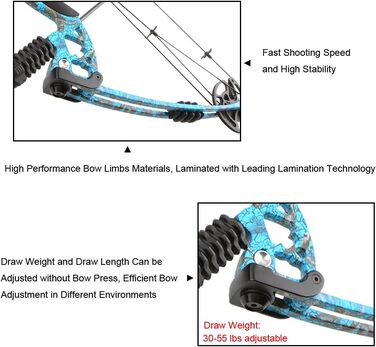 Набір складених луків SHARROW – мисливський лук 30–55 lb, регульований з стрілами, спортивний лук для дорослих, лівий/правий, синій
