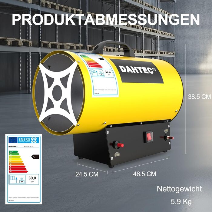Портативний газовий обігрівач 30 кВт, газовий будівельний обігрівач, потік повітря 1000 м/год, газовий/електричний вентилятор-обігрівач для будівельних майданчиків та гаражів, 30 кВт, жовтий