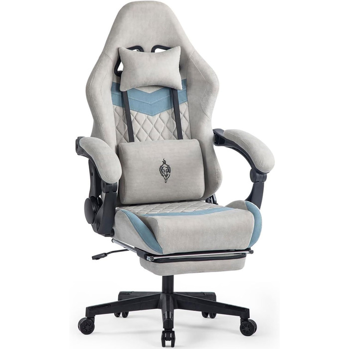 Ігрове крісло з підставкою для ніг, тканинне ігрове крісло, офісне крісло з поперековою опорою, ергономічне ігрове крісло, ігрове крісло вантажопідйомністю 150 кг, ігрове крісло з регульованими підлокітниками, сірий