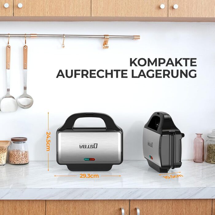 Бутербродниця OSTBA APPLIANCE, тостер для сендвічів на 2 сендвічі, тостер для сендвічів з автоматичним контролем температури та антипригарними пластинами, 900 Вт, чорний/нержавіюча сталь