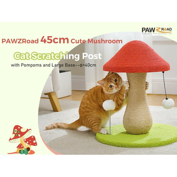 Когтеточка для котів PAWZ Road Cute, дряпалка для котів у формі грибів з когтеточкою в комплекті зі 100 сизалю та помпонами, іграшки для котів, котяче дерево-гриб для кімнатних котів.