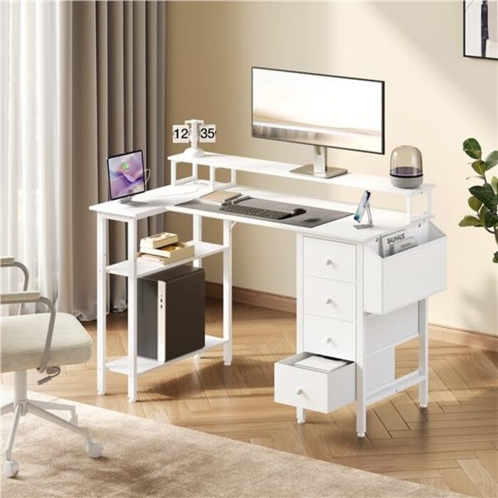 Г-подібний стіл Yaheetech з розетками, 120 x 68 см, білий, двосторонній ігровий стіл з кріпленням для монітора, 4 шухляди, 2 полиці та 1 сумка для зберігання, кутовий стіл для домашнього офісу