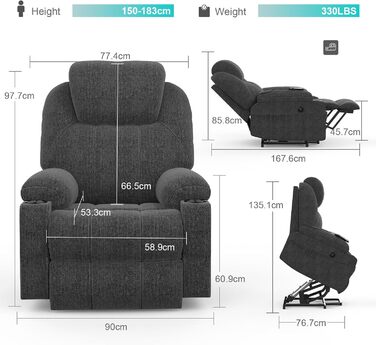 Електричне регульоване крісло-реклайнер YONISEE, масажне крісло з підйомником, функцією масажу та підігріву, крісло-реклайнер з підставкою для ніг, 2 бічні кишені та підстаканники, USB-порти, темно-сірий колір