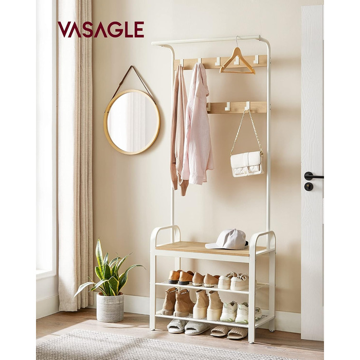 Вішалка для одягу VASAGLE, Шафа з лавкою для взуття, Дизайн 4-в-1, 9 знімних гачків, Штанга для одягу, Вхідна зона, Коридор, 33,7 x 72 x 183 см, Сучасний, Дубово-білий HSR40W 72B см Кремовий