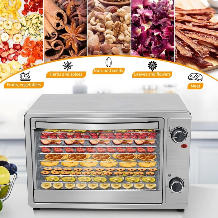 Дегідратор для їжі Skyehomo з нержавіючої сталі з рецептами, дегідратор 30 л з 8 решітками, які можна мити в посудомийній машині, 40-80C сухий з таймером на 24 години, 0,78 Дегідратор для їжі, дегідратор без BPA, м'ясо, фрукти, овочі 30 літрів