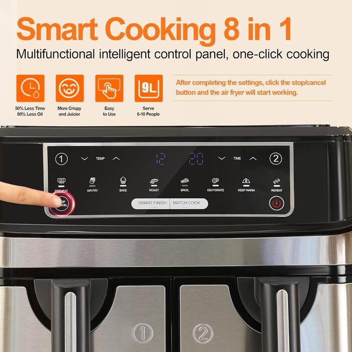 Аерофритюрниця двокамерна 9 літрів, фритюрниця XXL з 2 незалежними ящиками 4.5 л, 8 автоматичних програм, фритюрниця зі світлодіодним сенсорним екраном, функції Smart Finish & Match Cook