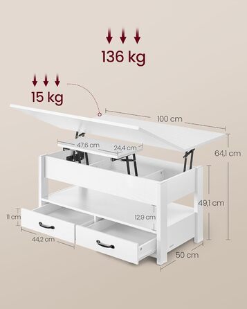 Журнальний столик VASAGLE, стіл для вітальні з регульованою висотою, газовий балон, 2 шухляди та 3 відділення під стільницею, журнальний столик, 1 відкрите відділення, для вітальні, домашнього офісу, білосніжний LCT254W02