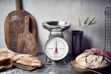 Ваги, 2 кг з функцією тари, кухонні ваги, аналогові, з чашею для зважування, поліровані, нержавіюча сталь сріблястого кольору, 301