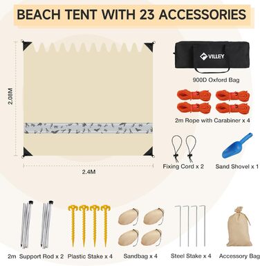 Сонячний намет VILLEY 2 м x 2,4 м, хакі, пляжний намет з лайкри з захистом від ультрафіолету UPF50 для 3 осіб, пляжна парасолька з мішком з піском та 2 опорними жердинами для пікніків, риболовлі, сонцезахисний, хакі