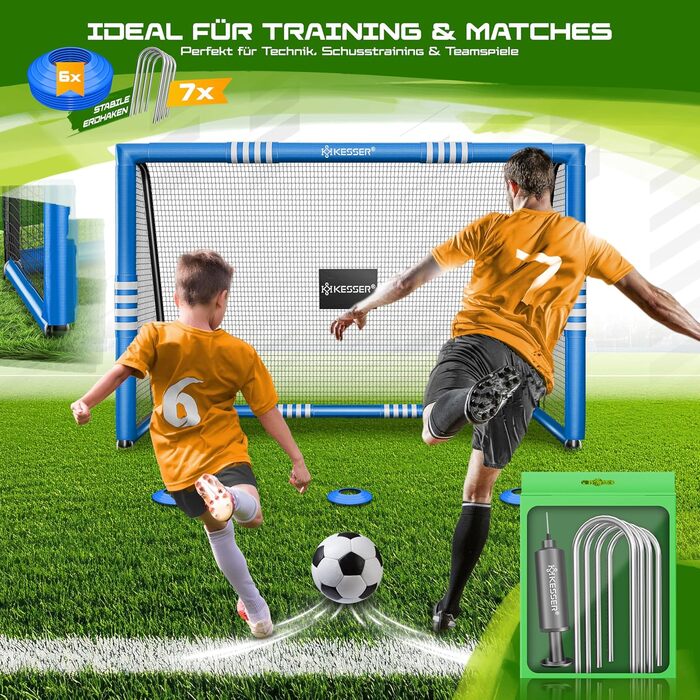 Футбольні ворота KESSER для саду, міцні тренування на свіжому повітрі, тренування зі стрільби, сітка, стійка до ультрафіолету, сталева рама з підкладкою, анкерні кріплення для землі, повітряний насос, конуси, монтажні аксесуари для дітей та дорослих, 240 