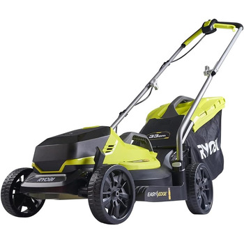 Акумуляторна газонокосарка RYOBI 18 V ONE OLM1833B (ширина зрізу 33 см, 5-позиційне регулювання висоти 25-65 мм, складна ручка, вкл. мульчувальний клин, 35-літровий мішок для трави, без акумулятора та зарядного пристрою в коробці) 33 см ширина зрізу без а