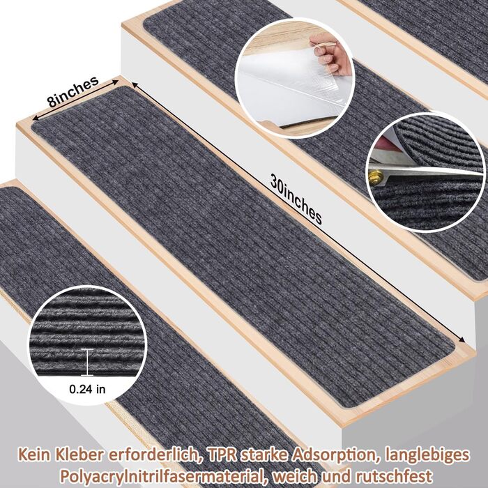 Сходинки, 15 шт. , протиковзкі килимки для сходів, самоклеючі килимки для сходів 76x20 см, для використання всередині приміщень, килимок для сходів, килимок для дітей, для літніх тварин (подвійні смужки), сірі подвійні смужки