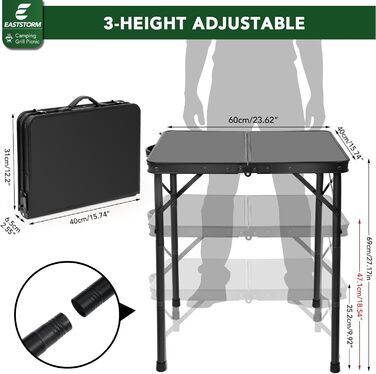 Складаний кемпінговий стіл 60x40 см, 3-рівневе регулювання висоти (25/47/69 см), міцний металевий каркас, складається як валіза для перенесення, ідеально підходить для кемпінгу, пікніків, пляжу та балкону (повністю чорний)