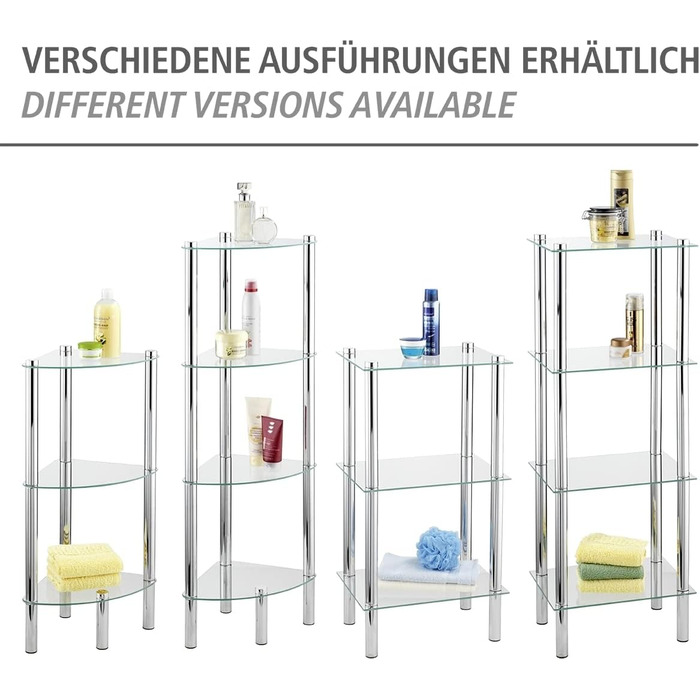 Кутова полиця WENKO Модель Yago з 3 скляними полицями, Кутова полиця для ванної кімнати з нержавіючої сталі та скла, 30 x 74 x 30 см, Компактне сховище для ванної кімнати, 3 яруси