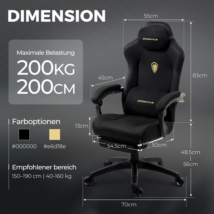 Ергономічне ігрове крісло Dowinx з регульованою масажною подушкою для попереку, мікрофібровий велюр, товста подушка сидіння, висувна підставка для ніг, регульовані підлокітники, нахил на 160, світло-чорний колір