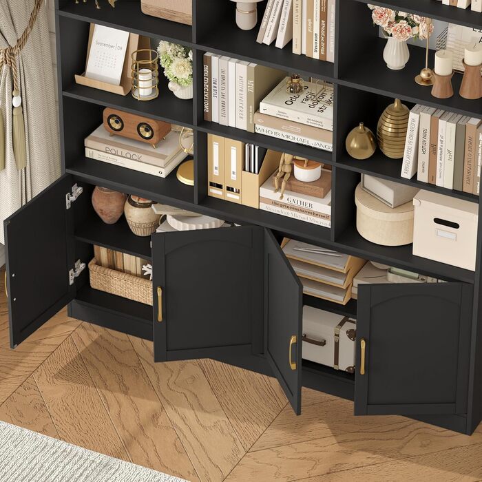 Книжкова шафа FirFurd 209 см з дверцятами, книжкова шафа з 15 відділеннями, вітрина, висока шафа, дерев&39яна багатофункціональна шафа, велика для вітальні, кабінету, кухні, 150 x 23,7 x 209 см, чорна