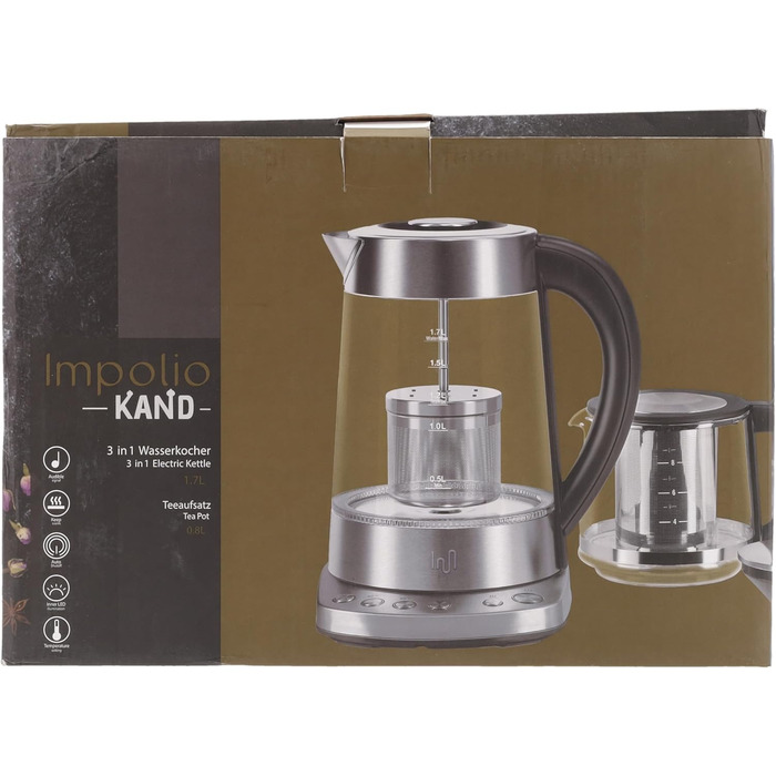 Скляний чайник Impolio PREMIUM LED з регулюванням температури функція збереження тепла, ситечко для чаю з нержавіючої сталі насадк