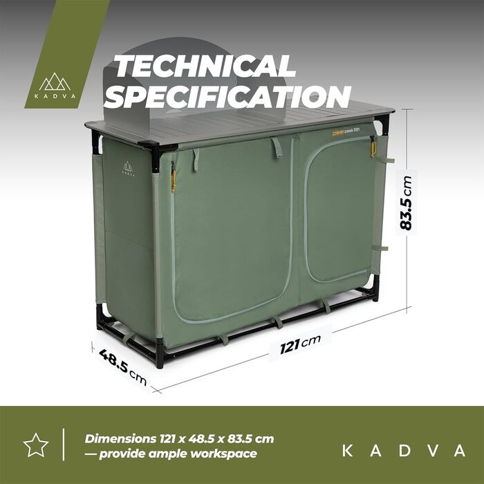 Складана кухонна шафа для кемпінгу CAMPCook 221 48,5x1283,5 см Кемпінгова шафа виготовлена з міцних матеріалів Легка та стійка конструкція Легке складання та транспортування Зелений колір