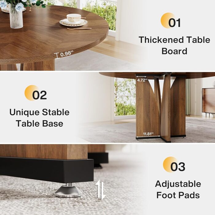 Круглий обідній стіл Tribesigns 100 см, кухонний стіл для 4 осіб, обідній стіл у сільському стилі з масивом дерева, міцний дерев&39яний стіл для їдальні та вітальні (коричневий)