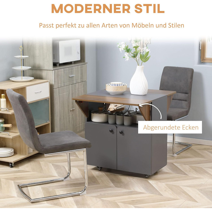 Розкладний обідній стіл HOMCOM, мобільний кухонний стіл для 2-4 осіб, розкладний стіл на колесах, місце для зберігання, обідній стіл для невеликих приміщень, їдальня 70 x 83 x 75 см, світло-сірий темно-коричневий