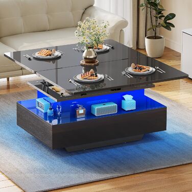 Журнальний столик з регульованою висотою, глянцевий стіл для вітальні з 2 шухлядами та світлодіодним освітленням, журнальні столики з прихованим відділенням для зберігання, трансформується в обідній стіл, чорний