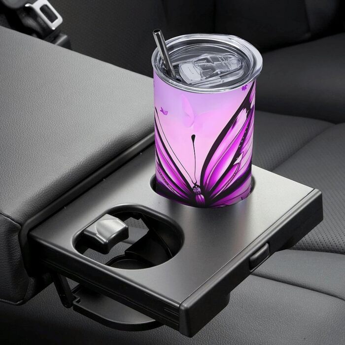 Кухоль з прямою трубочкою, 590 мл, принт фіолетового метелика, дорожній кухоль, підходить для кемпінгу, офісу та дому