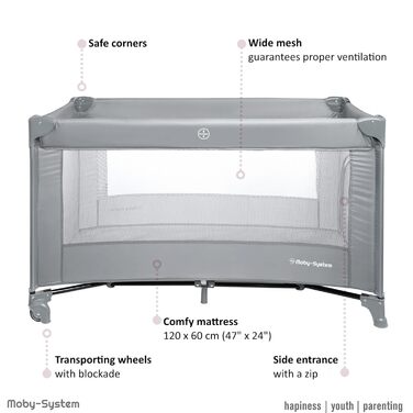 Дитяче ліжечко Moby-System 128x68 см Складане дитяче ліжечко з матрацом та сумкою для перенесення Манеж з боковим виходом для дітей вагою до 15 кг Сірий базовий