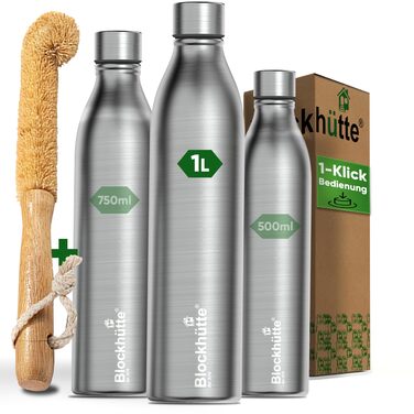 Термос з нержавіючої сталі Log Cabin 1 л Пляшка для води з нержавіючої сталі, підходить для газованих напоїв, герметична, можна мити в посудомийній машині, ідеально підходить для спорту, походів, дітей - без BPA 1000 мл, матова нержавіюча сталь