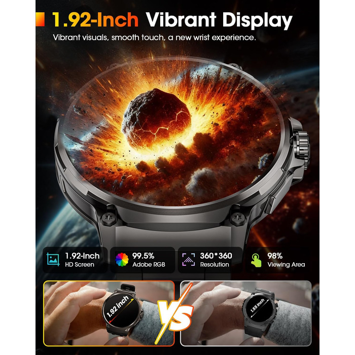 Чоловічий військовий смарт-годинник з великим HD-дисплеєм 1,92 дюйма, акумулятором 1000 мАг, фітнес-годинник з понад 120 спортивними режимами, водонепроникністю 5 атм, функцією телефону, пульсометром, монітором сну, спортивним годинником для iOS та Androi