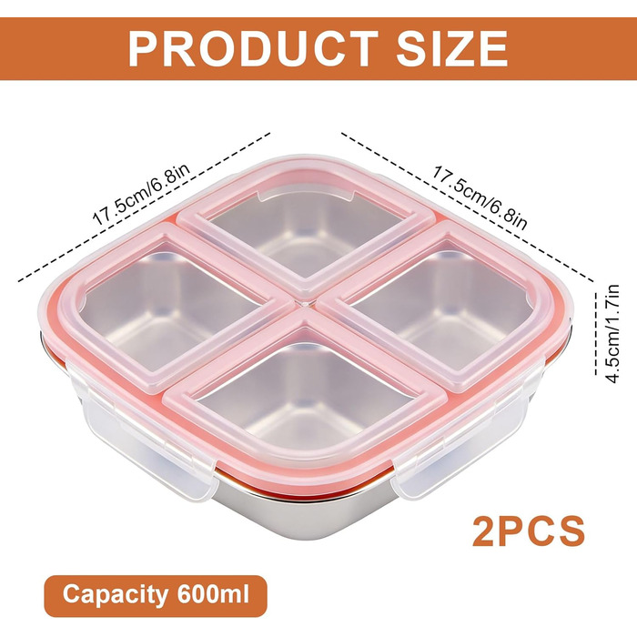 Набір з 2 контейнерів для перекусів з роздільниками, нержавіюча сталь, 17,5x17,5x4,5 см, 600 мл. Контейнер з 4 відділеннями та пластиковою кришкою, штабельовані, для зберігання їжі, сендвічів, для школи, роботи (4 відділення)