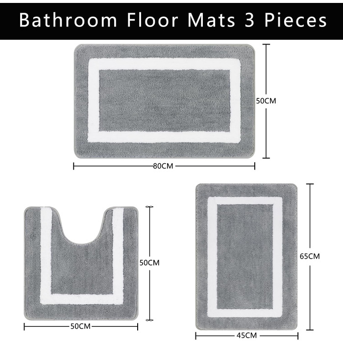 Комплект килимків для ванної кімнати Famibay, 3 предмети, нековзний килимок для ванни, сірий, килимок для ванни з мікрофібри, що миється, для ванної кімнати, ванни та туалету