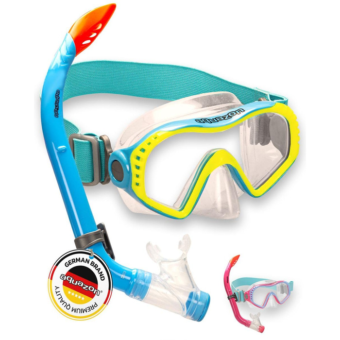 Дитячий комплект для підводного плавання AQUAZON Starfish - Маска для дайвінгу з надзвичайно зручною текстильною пов&39язкою на голову - 7-12 років - включаючи трубку, супер прозоре загартоване скло, синє