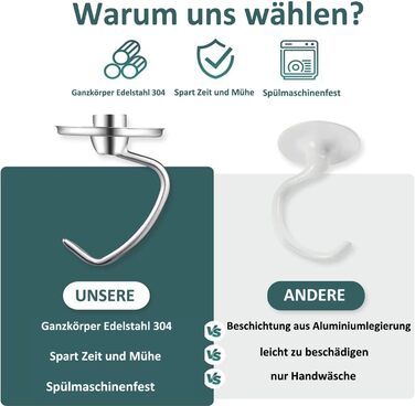 Гачок для тіста UAPPO для Kitchenaid 4.5-5QT Гачок для тіста з нержавіючої сталі Підставка для кухні Міксер Насадка Посудомийна машина Безпечні запасні частини Гачок для хліба KSM150 K45 K45SS KSM75 KSM175 Заміна