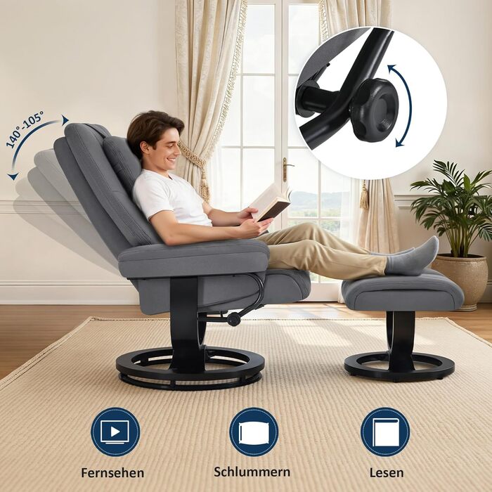 Крісло-реклайнер з функцією відкидання, крісло для читання, поворотне на 360 крісло для телевізора з підставкою для ніг, регульованим підголівником, поперековою подушкою та бічною кишенею, крісло для телевізора для вітальні, 9046 (сірий) сіра мікрофібра