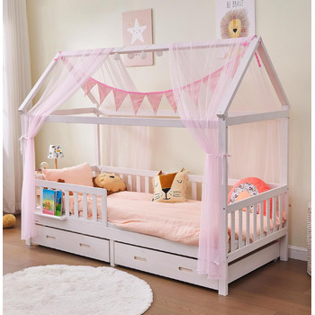 Ліжко для дому 90x200 з шухлядою, матрацом та набором 4-TLG DEKO рожевого кольору, вкл. захист від падіння книжкової полиці та рей